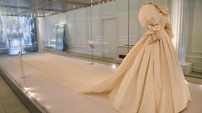 Princess Diana’s wedding dress, with its long train, on display. Picture: Justin Tallis/AFP