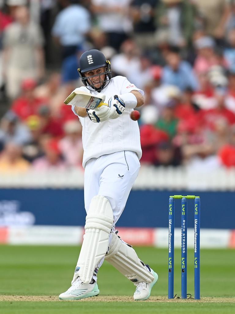 Joe Root sends a pull shot towards the rope at Lord's during the Ashes. Picture: Gareth Copley/Getty Images.