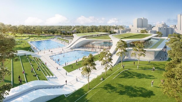 One of the rejected pool designs for the Parramatta Aquatic Centre. The design, completed by FJMT STUDIO, for the $64,960,000 pool was rejected and the state government has taken over construction.