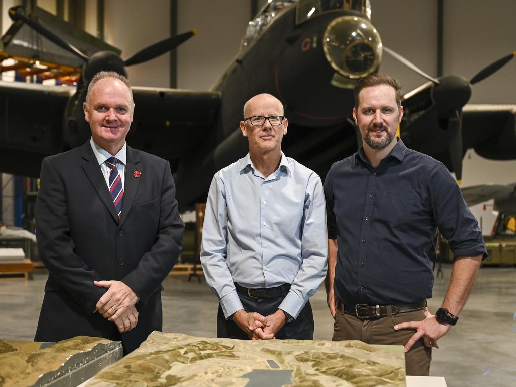 Dr Lachlan Grant, senior historian at the Australian War Memorial, with AWM Director Matt Anderson and Senior Curator Shane Casey.