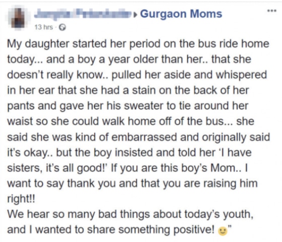 A mother has praised a teenage boy for how he reacted to her daughter getting her period on a school bus.