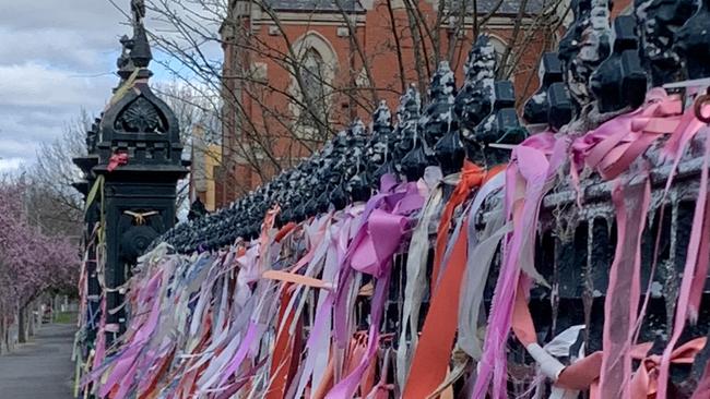 Ribbons tied to the wrought-iron fence and gates outside St Patrick's Catholic Cathedral in Ballarat. Picture: Craig Hughes