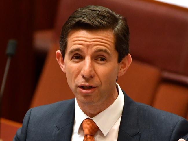 Federal Minister for Education and Training Senator Simon Birmingham during Question Time in the Senate at Parliament House in Canberra, Tuesday, August 8, 2017. (AAP Image/Mick Tsikas) NO ARCHIVING