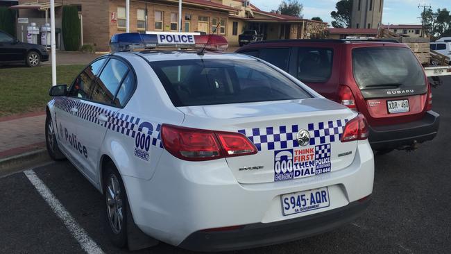 A police car outside the Tailem Bend District Hospital, where Alexander Stelling was initially taken for examination after being missing for five days. Picture: Tait Schmaal