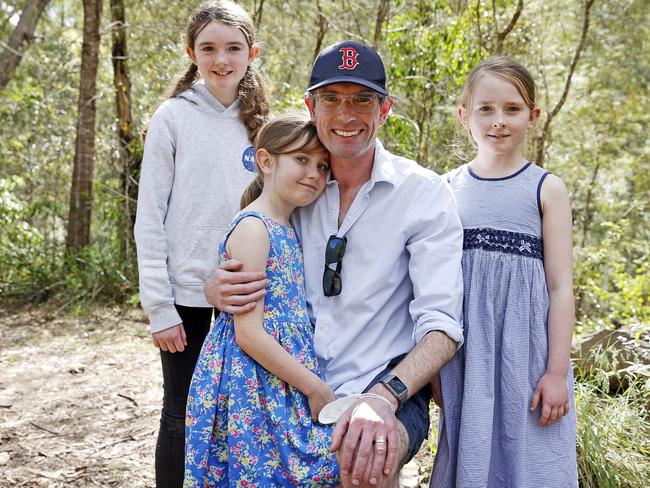 NSW Treasurer Dominic Perrottet with his daughters Charlotte 12, Amelia, 10, and Annabelle 7. Picture: Tim Hunter