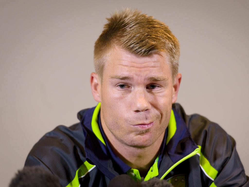 Australia batsman David Warner fronts the media after he apologised to Joe Root for punching the England batsman in a Birmingham bar during the ongoing Champions Trophy in 2013. Picture: AFP