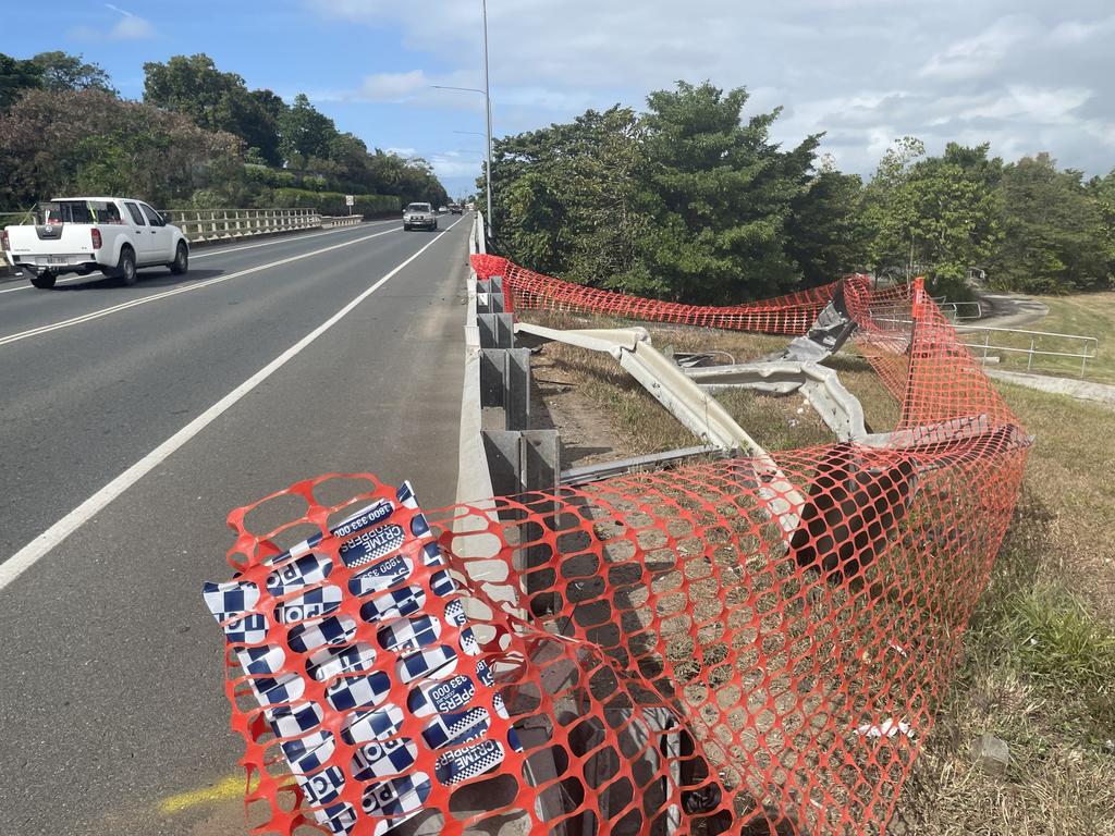 A man is in a serious condition with leg, chest and face injuries after a crash overnight into guard rail on Glenella Connection Road at West Mackay. June 26, 2022. Picture: Max O'Driscoll