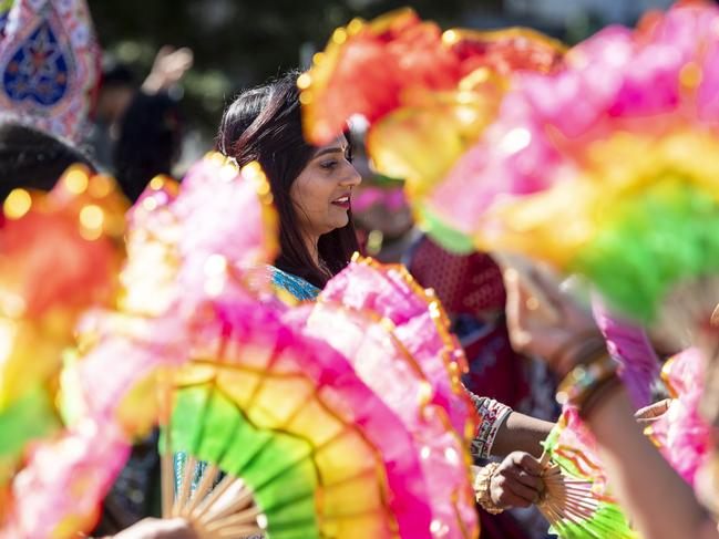 Minal Patel dancing in front of the chariot at Toowoomba's Festival of Chariots, Saturday, July 20, 2024. Picture: Kevin Farmer