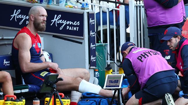 Max Gawn says he’s unlikely to play against Essendon. Picture: Graham Denholm/AFL Photos/via Getty Images