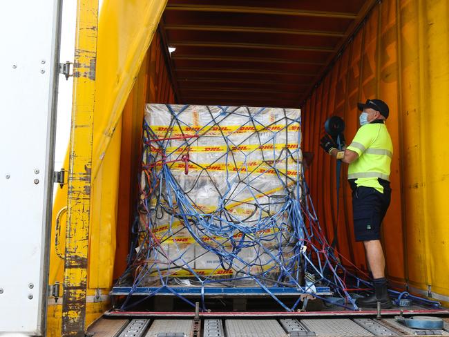 Pfizer vaccines arrive into Sydney International Airport. Picture: POOL via NCA NewsWire / Gaye Gerard