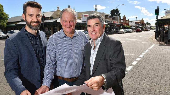 Unley Council urban planning, design and transport manager Ben Willsmore, acting mayor Peter Hughes and city development general manager John Devine at the corner of King William Rd and Park St. Picture: AAP/Keryn Stevens