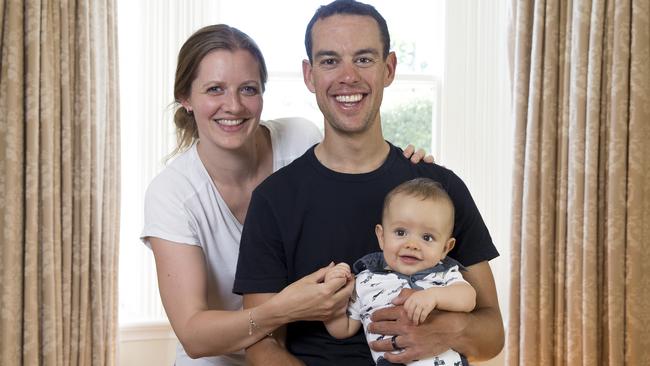 Richie Porte with his wife Gemma and son Luca at home in Launceston. Picture: MICHAEL KLEIN