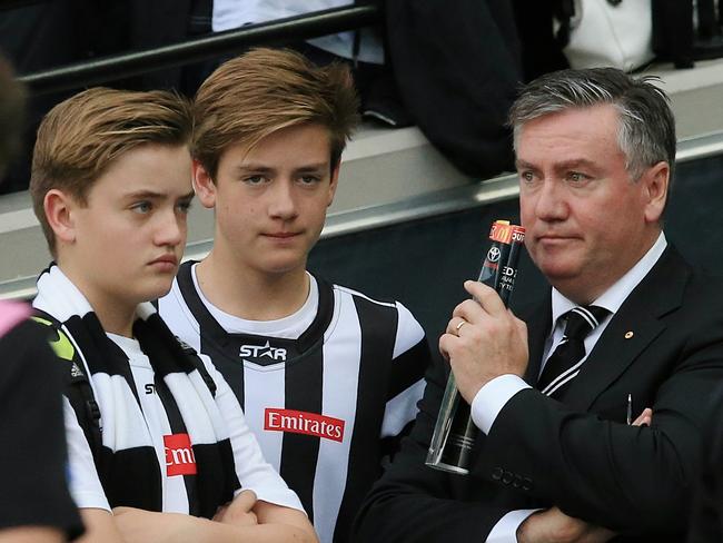 Eddie McGuire and his sons Alexander and Joseph after a Collingwood and Carlton match in 2016. Picture: Wayne Ludbey