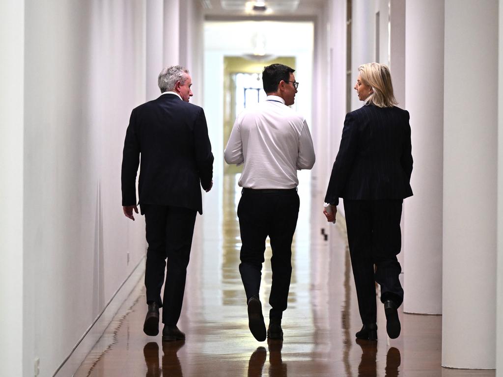 Nationals Leader David Littleproud, Deputy Leader Kevin Hogan and Senate Leader Bridget McKenzie after the Coalition split announcement. Picture: AAP