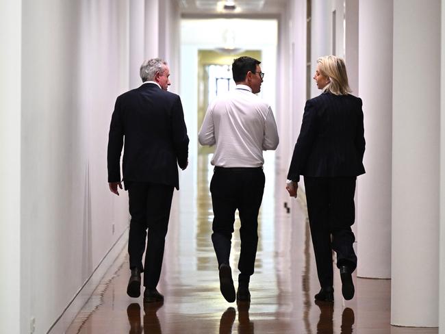 Nationals Leader David Littleproud, Deputy Leader Kevin Hogan and Senate Leader Bridget McKenzie after the Coalition split announcement. Picture: AAP