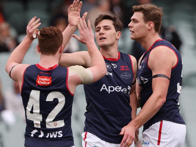 Henry Nelligan from Norwood (centre) reacts after scoring a goal during the SANFL Preliminary final match between Adelaide and Norwood at Adelaide Oval, Sunday, September 11, 2022. (SANFL Image/David Mariuz)