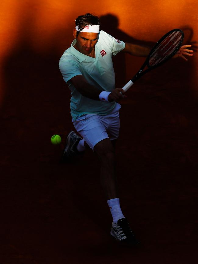 Roger Federer plays a backhand slice during his victory over Borna Coric. Picture: Getty Images