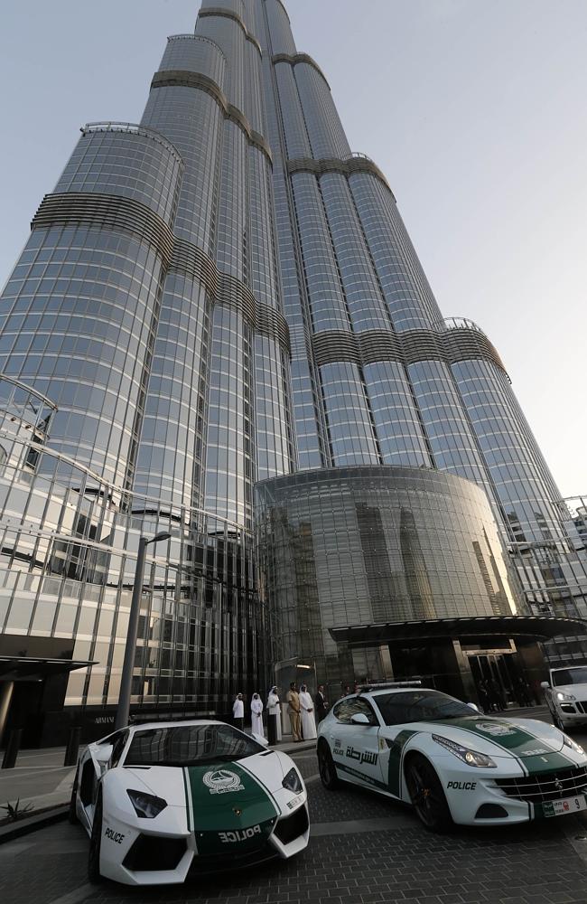 Police cars in front of the Burj Khalifa. Picture: AFP