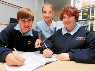 Mount Saint Pats students Oliver Webb, Matilda McTaggart and Ailish Eppelstun will be participating in the Write A Book In A Day project. Picture: Scott Powick