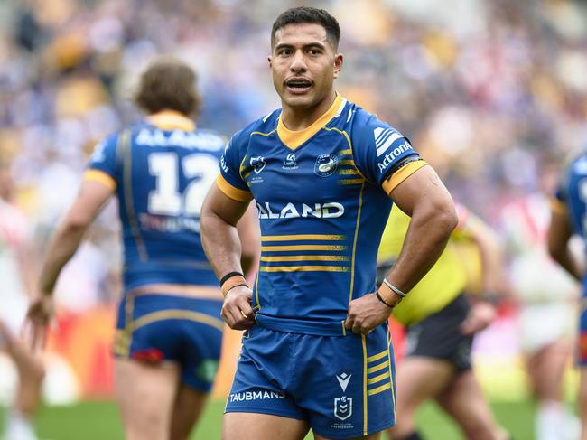 SYDNEY, AUSTRALIA - AUGUST 06: Will Penisini of the Eels looks on during the round 23 NRL match between Parramatta Eels and St George Illawarra Dragons at CommBank Stadium on August 06, 2023 in Sydney, Australia. (Photo by Brett Hemmings/Getty Images)