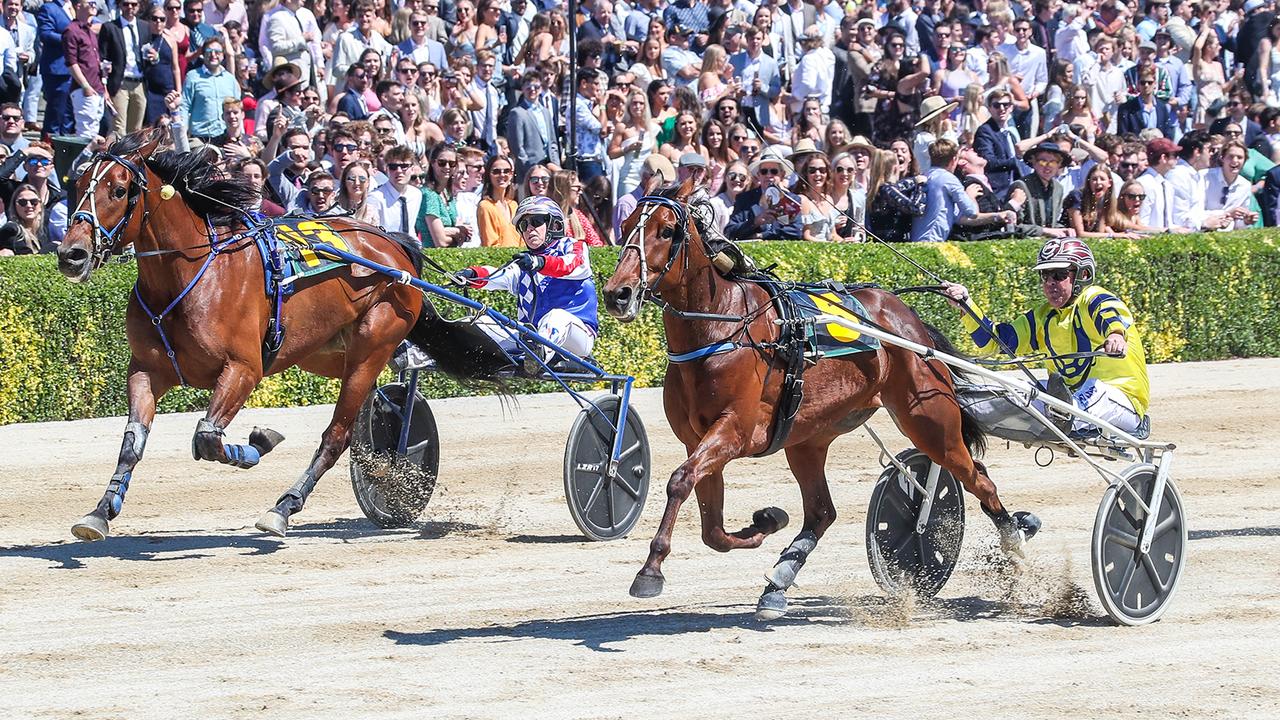 Tough Monarch (right) and McLovin make it an Australian quinella in the Group 1 Trotters’ free-for-all. Picture: Harness Racing New Zealand