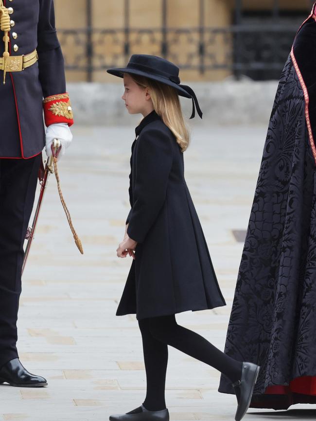 Charlotte looked adorable as she prepared to say goodbye to ‘gan gan’. Picture: Chris Jackson/Getty Images