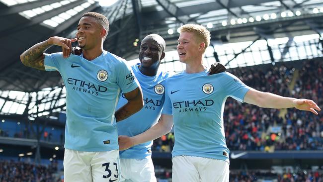 Manchester City's Brazilian striker Gabriel Jesus celebrates.