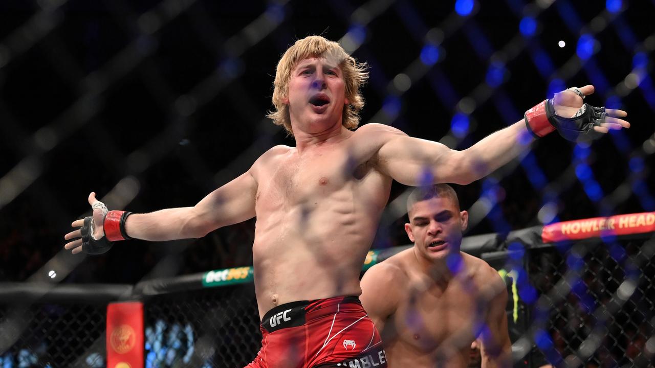 Paddy Pimblett celebrates defeating Kazula Vargas at UFC London with his trademark shimmy. (Photo by Justin Setterfield/Getty Images)