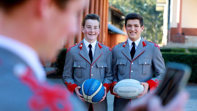 The Kings School students Robert Napoli and Angus Williams and their classmates can no longer use phones during school hours. Picture: AAP/Angelo Velardo