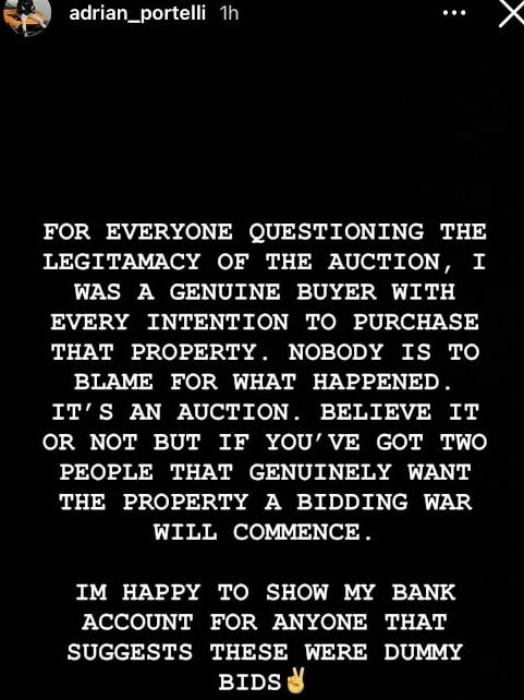 He hit back at social media users who suggested he was an auction ‘plant’. Picture: Instagram