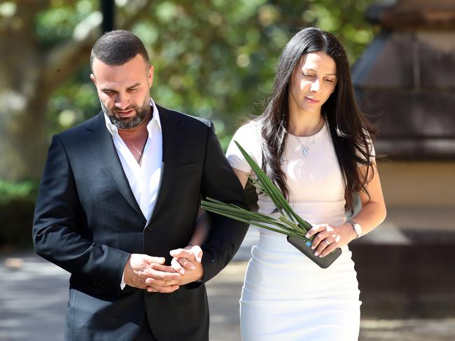 Danny and Leila Abdallah arrive at St Mary’s Cathedral in Sydney on Sunday morning. Picture: David Swift