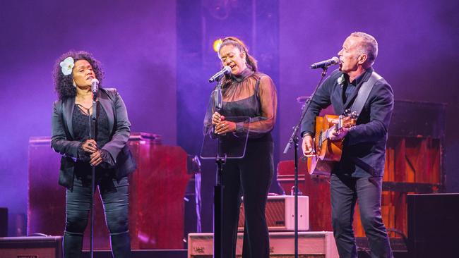 Mark Seymour performs at Michael Gudinski's state memorial service with Vika (left) and Linda Bull. Picture: Mushroom Creative House