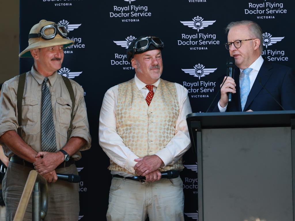 Warren Brown and Matthew Benns from The Daily Telegraph alongside Prime Minister Anthony Albanese. Picture: NewsWire/ David Crosling