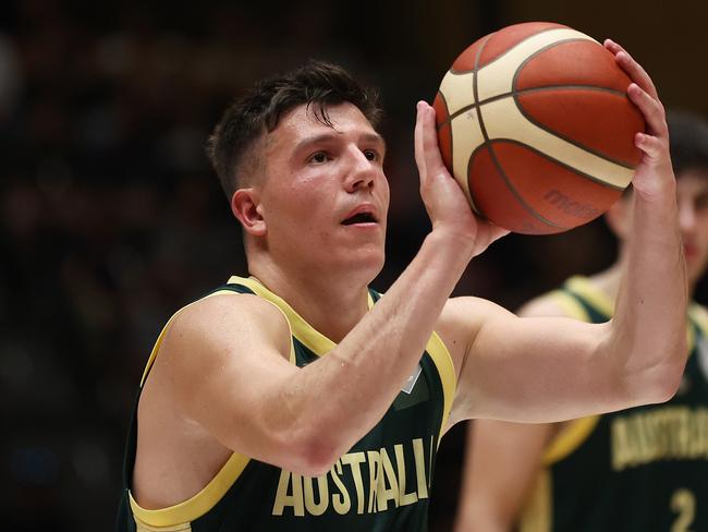 BENDIGO, AUSTRALIA - FEBRUARY 22: Dejan Vasiljevic of Australia shoots a free throw during the FIBA Asia Cup 2025 Qualifying match between Australia Boomers and Korea at Red Energy Arena on February 22, 2024 in Bendigo, Australia. (Photo by Daniel Pockett/Getty Images)