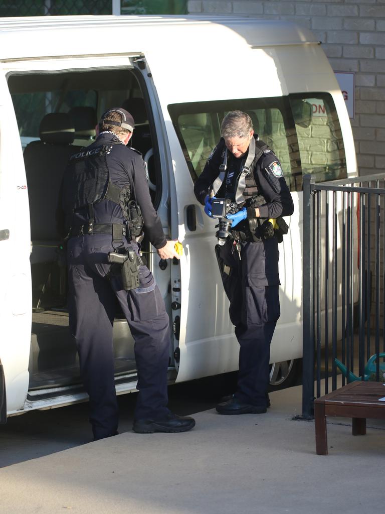 Police at the Le Smileys Childcare Centre in Gracemere where a child was found in critical condition on a parked bus, Gracemere. Photo: Steve Vit