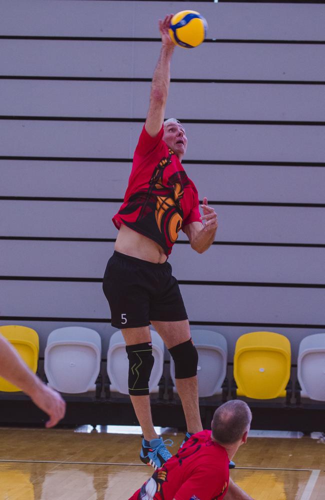 Action as Sparta v the Crippled Wombats in the Pan Pacific Masters Games Volleyball tournament. Picture: Glenn Campbell