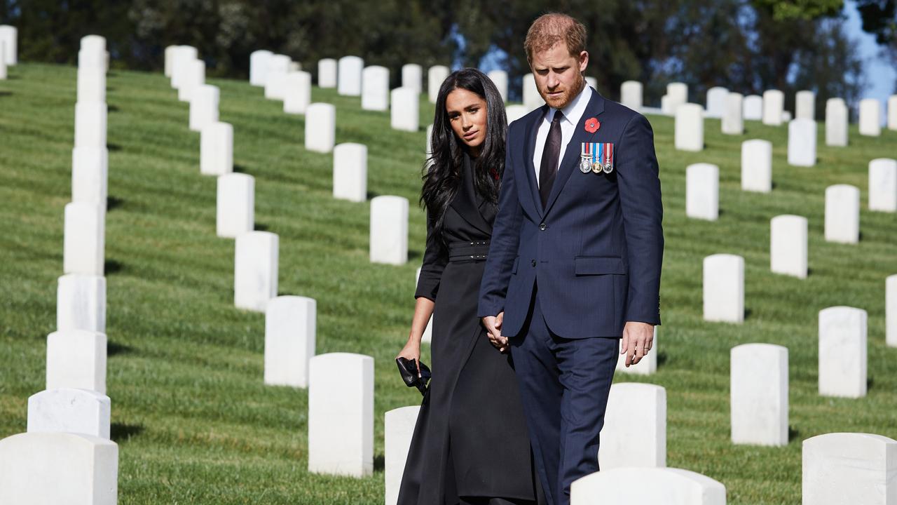 The now California-based couple laid a wreath at Los Angeles National Cemetery on Remembrance Sunday on November 8, 2020. Picture: Lee Morgan/Handout via Getty Images