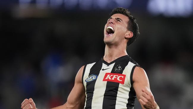 MELBOURNE, AUSTRALIA – JUNE 16: Nick Daicos of the Magpies reacts on the final siren after winning the round 14 AFL match between North Melbourne Kangaroos and Collingwood Magpies at Marvel Stadium, on June 16, 2024, in Melbourne, Australia. (Photo by Daniel Pockett/Getty Images)