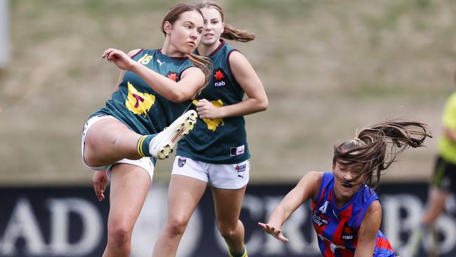 Devil Georgia Clarke gets her kick away during the NAB League game between Tasmania and Oakleigh Chargers at Kingston Twin Ovals last month. Picture: Zak Simmonds