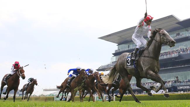 Kerrin McEvoy celebrates Classique Legend’s stunning win in The Everest. Picture: Getty Images