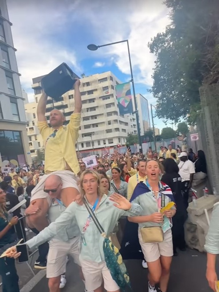 Widdicombe (left on shoulders) had the team harmonising to the tunes of ‘I Am Australian’ and ‘Land Down Under’. Picture: Instagram