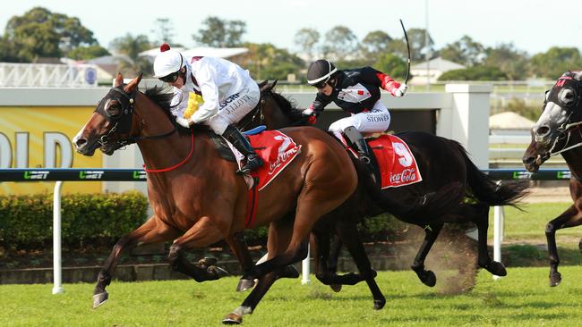 Jeff Lloyd urges Off the Rails to the line at Doomben. Picture: Claudia Baxter