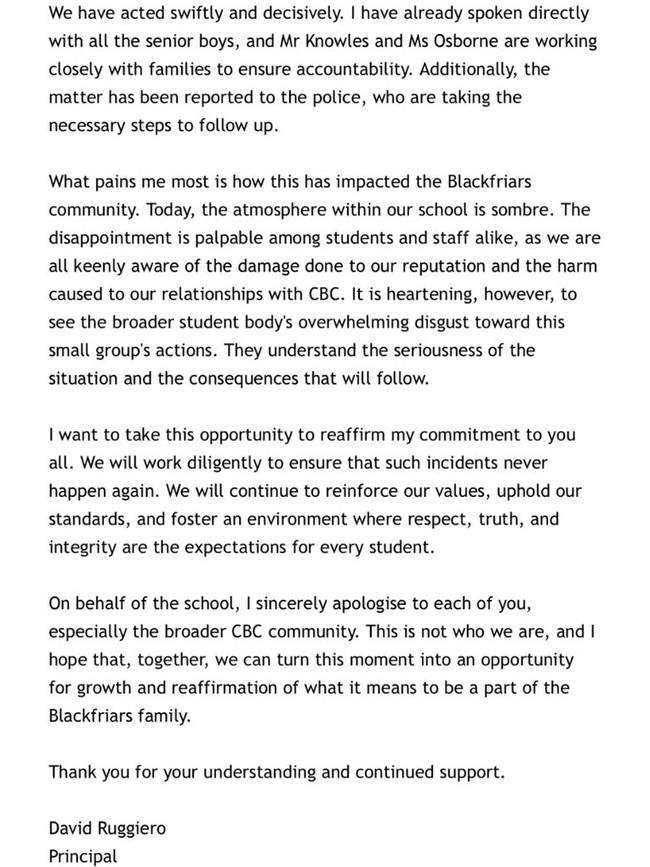 The letter was sent from the school’s principal David Ruggiero.