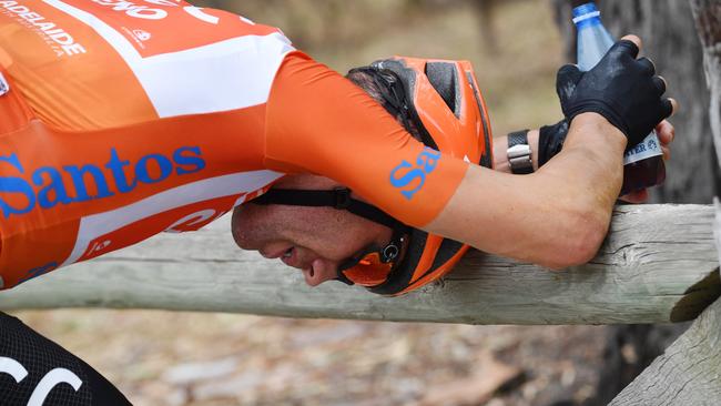 Ochre jersey wearer Patrick Bevin shows the strain after Stage 4. Picture: AAP Image/David Mariuz