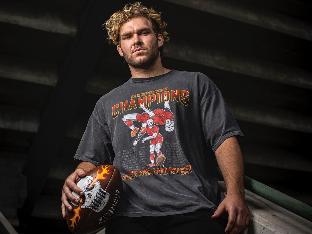 Queensland Reds player Angus Scott-Young this year launched his new vintage-style T-shirt brand Saint Gustaf. Picture: Brendan Hertel