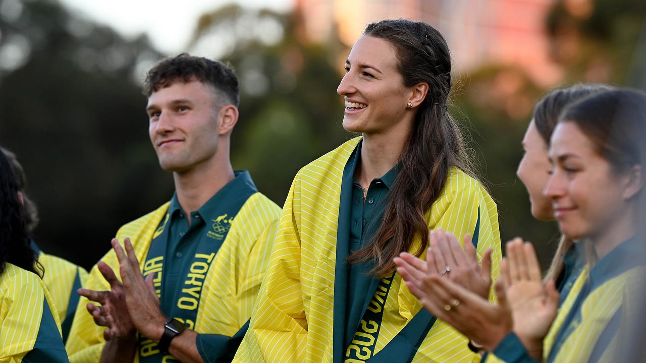 High jumper Nicola McDermott (middle) during an announcement of the Australian track and field team for the Tokyo.