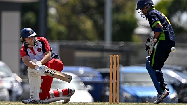 DDCA batter Cameron Forsyth (Springvale South) on the sweep. Picture: Andy Brownbill