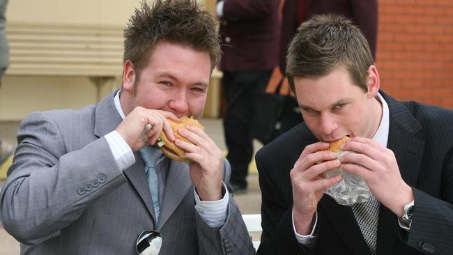 Geelong Cup races 2008 Gary Wilson and Dylan Harvey tuck into an early lunch.