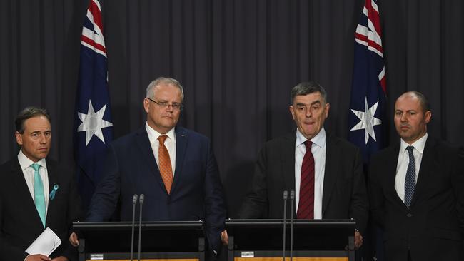 Health Minister Greg Hunt, Prime Minister Scott Morrison, Australia's Chief Medical Officer Professor Brendan Murphy and Federal Treasurer Josh Frydenberg fronted reporters today. Picture: AAP