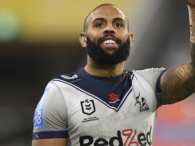 TOWNSVILLE, AUSTRALIA - JULY 23:  Josh Addo-Carr of the Storm waves to the crowd before the start of the round 19 NRL match between the North Queensland Cowboys and the Melbourne Storm at QCB Stadium, on July 23, 2021, in Townsville, Australia. (Photo by Ian Hitchcock/Getty Images)